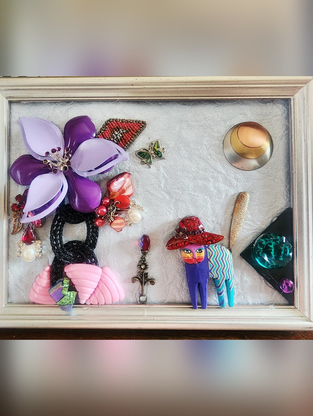 Handcrafted OOAK Mixed Media Framed Jewelry Art Cat Red Hat Kitty Flower